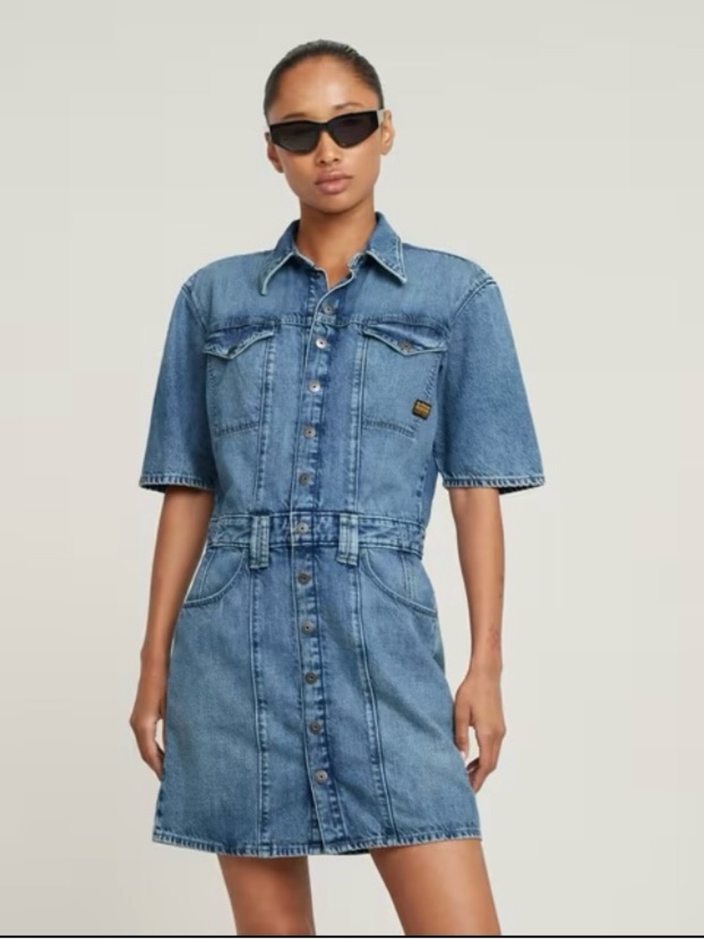 NWT G-STAR RAW Short Sleeve Denim Biker Dress in Faded Blue, Size XS
